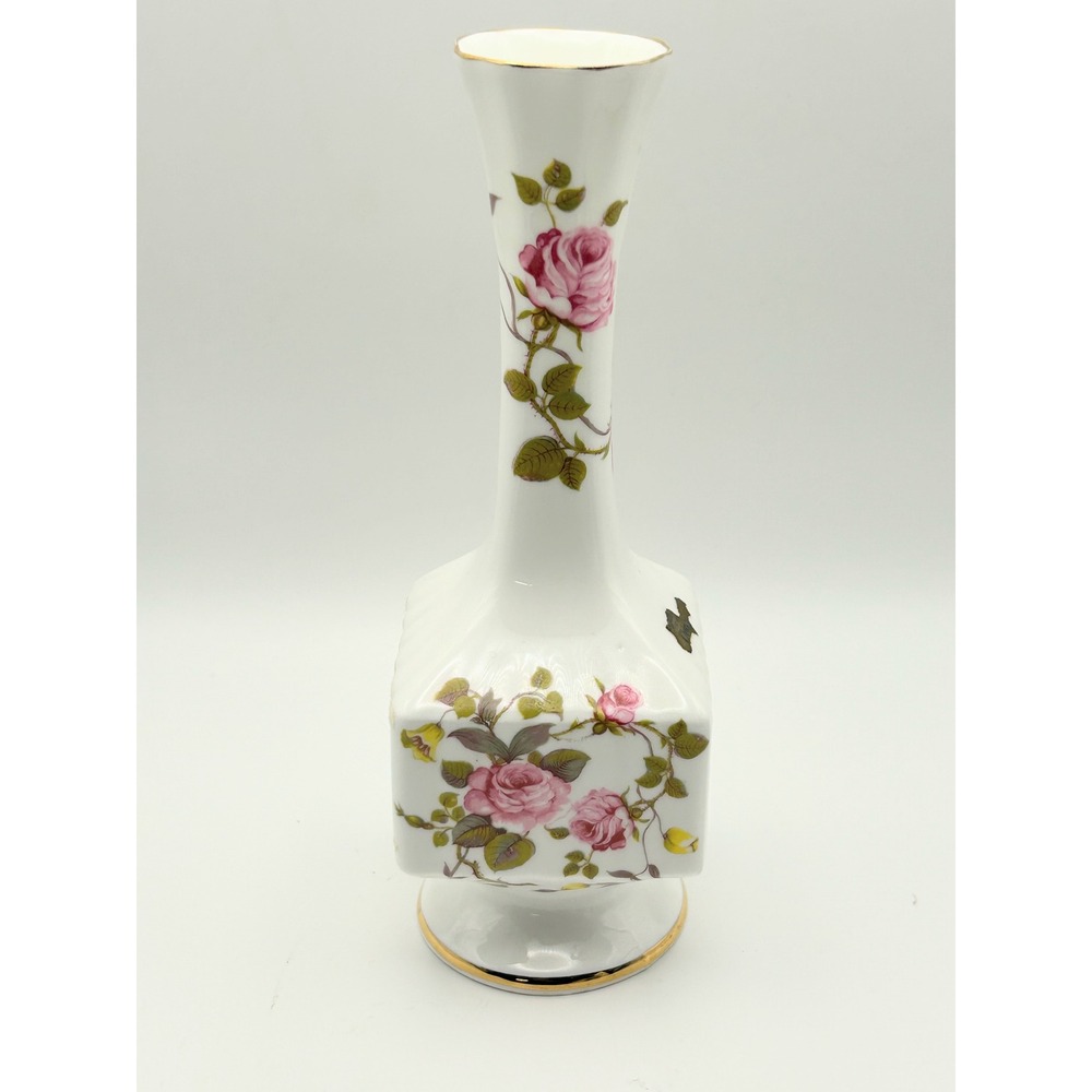 Royal Tara Ireland Fine Bone China Bud Vase Pink Rose Floral Gold Trim 7.5 Inch